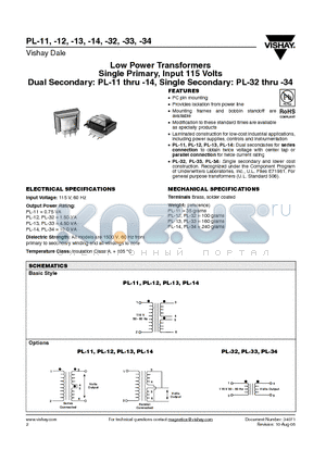 PL-33 datasheet - Low Power Transformers Single Primary, Input 115 Volts Dual Secondary: PL-11 thru -14, Single Secondary: PL-32 thru -34