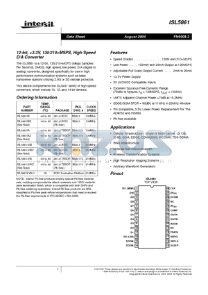 ISL5861IAZ datasheet - 12-bit, 3.3V, 130/210MSPS, High Speed D/A Converter