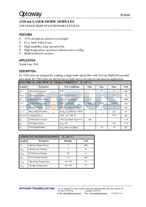 PL-3540-F datasheet - 1310 nm LASER DIODE MODULES UNCOOLED MQW-FP LD WITH RECEPTACLE