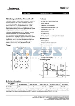 ISL59116IIZ datasheet - YC to Composite Video Driver with LPF