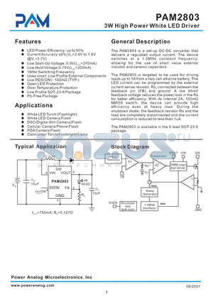 PAM2803VOUTAF095 datasheet - 3W High Power White LED Driver