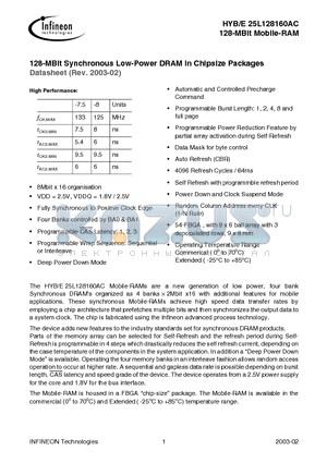 HYB25L128160AC datasheet - 128-MBIT SYNCHRONOUS LOW-POWER DRAM IN CHIPSIZE PACKAGES