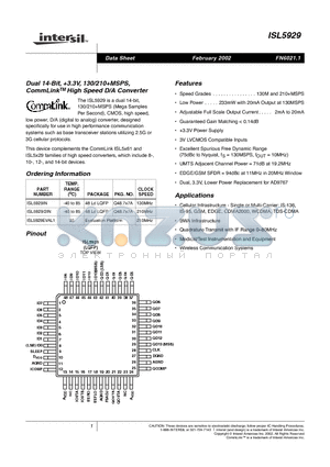 ISL5929 datasheet - Dual 14-Bit, 3.3V, 130/210MSPS, CommLink TM High Speed D/A Converter
