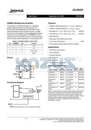 ISL59420IUZ-T13 datasheet - 400MHz Multiplexing Amplifier