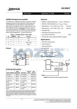 ISL59421IU datasheet - 865MHz Multiplexing Amplifier
