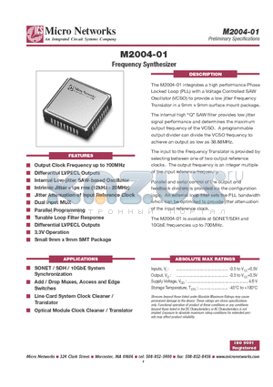 M2004-01-622.0800 datasheet - Frequency Synthesizer