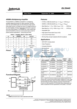 ISL59440 datasheet - 400MHz Multiplexing Amplifier