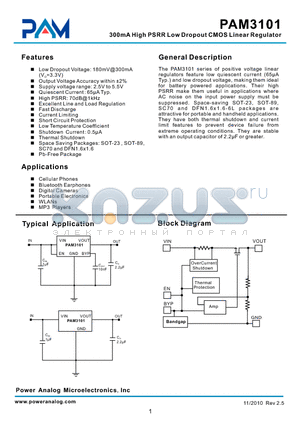 PAM3101AAA250 datasheet - 300mA High PSRR Low Dropout CMOS Linear Regulator