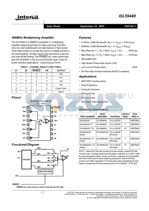ISL59440IA datasheet - 400MHz Multiplexing Amplifier