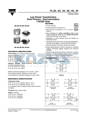 PL-42 datasheet - Low Power Transformers Dual Primary - Dual secondary 115/230 Volts