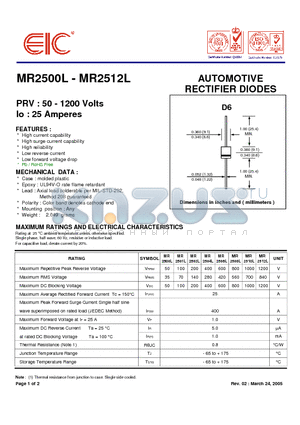 MR2501L datasheet - AUTOMOTIVE RECTIFIER DIODES