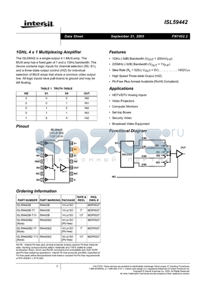 ISL59442 datasheet - 1GHz, 4 x 1 Multiplexing Amplifier