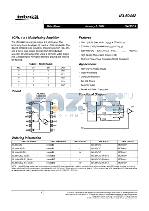 ISL59442IBZ datasheet - 1GHz, 4 x 1 Multiplexing Amplifier