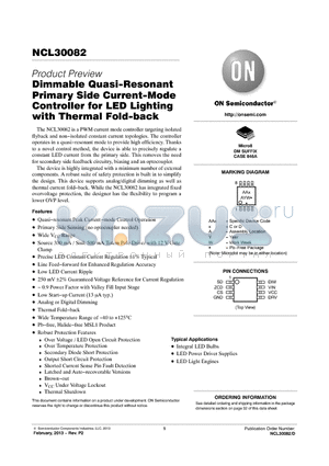 NCL30082 datasheet - Dimmable Quasi-Resonant Primary Side Current-ModeController for LED Lighting with Thermal Fold-back