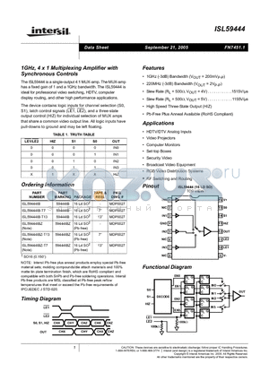ISL59444IBZ datasheet - 1GHz, 4 x 1 Multiplexing Amplifier with Synchronous Controls