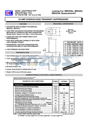 MR2525 datasheet - 25 AMP OVERVOLTAGE TRANSIENT SUPPRESSORS