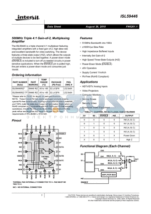ISL59446 datasheet - 500MHz Triple 4:1 Gain-of-2, Multiplexing Amplifier