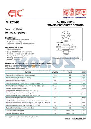 MR2540 datasheet - AUTOMOTIVE TRANSIENT SUPPRESSORS