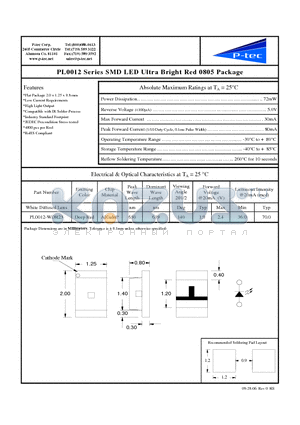 PL0012-WDR23 datasheet - SMD LED Ultra Bright Red 0805 Package
