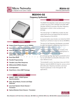 M2004-02-500.0000 datasheet - Frequency Synthesizer