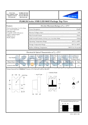 PL00130-WCR24 datasheet - PL00130 Series SMD LED 0603 Package Top View
