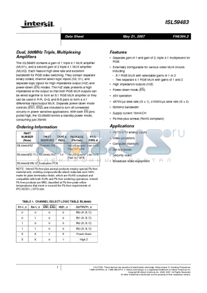 ISL59483IRZ-T13 datasheet - Dual, 500MHz Triple, Multiplexing Amplifiers