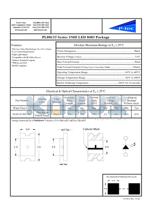 PL00133-WCG17 datasheet - PL00133 Series SMD LED 0603 Package