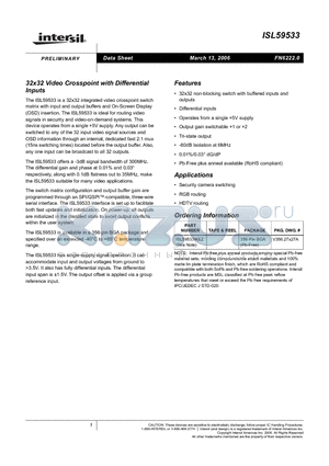 ISL59533IKEZ datasheet - 32x32 Video Crosspoint with Differential Inputs