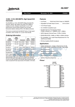ISL5957 datasheet - 14-Bit, 3.3V, 260MSPS, High Speed D/A Converter