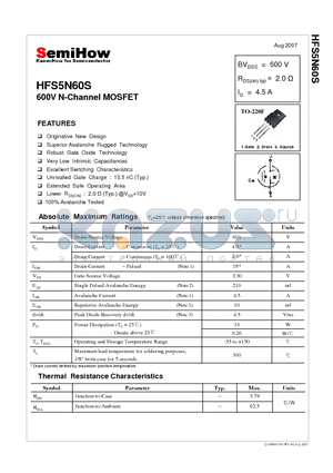 HFS5N60S datasheet - 600V N-Channel MOSFET
