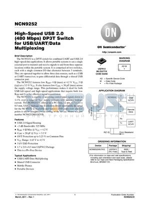 NCN9252_11 datasheet - High-Speed USB 2.0 (480 Mbps) DP3T Switch for USB/UART/Data Multiplexing