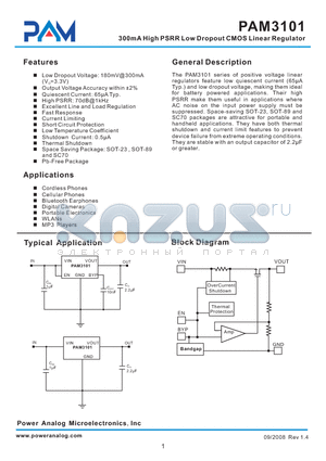 PAM3101HCA330 datasheet - 300mA High PSRR Low Dropout CMOS Linear Regulator