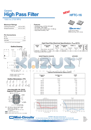 HFTC-16 datasheet - Ceramic High Pass Filter 1900 to 2700 MHz