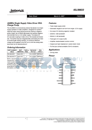 ISL59833IAZ datasheet - 200MHz Single Supply Video Driver With Charge Pump