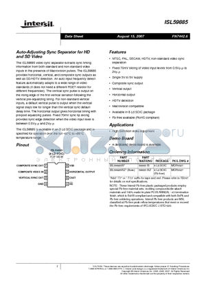 ISL59885 datasheet - Auto-Adjusting Sync Separator for HD and SD Video