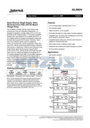 ISL59834 datasheet - Quad Channel, Single Supply, Video Reconstruction Filter with On-Board Charge Pump
