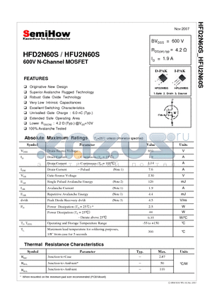 HFU2N60S datasheet - 600V N-Channel MOSFET