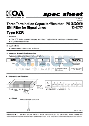 KCR1206T101/500 datasheet - Three Termination Capacitor/Resistor EMI Filter for Signal Lines