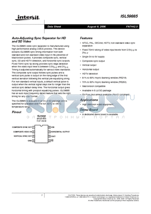 ISL59885ISZ datasheet - Auto-Adjusting Sync Separator for HD and SD Video