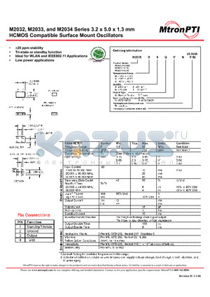 M2032 datasheet - 3.2 x 5.0 x 1.3 mm HCMOS Compatible Surface Mount Oscillators