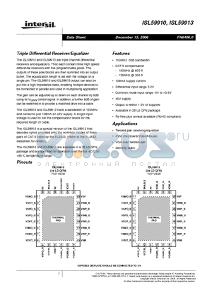 ISL59910 datasheet - Triple Differential Receiver/Equalizer