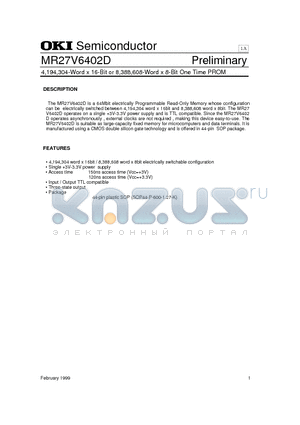 MR27V6402D datasheet - 4,194,304-Word x 16-Bit or 8,388,608-Word x 8-Bit One Time PROM