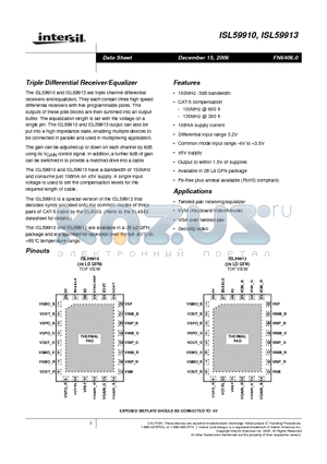 ISL59913IRZ datasheet - Triple Differential Receiver/Equalizer