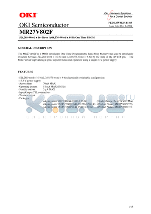 MR27V802FTN datasheet - 524,288-Word x 16-Bit or 1,048,576-Word x 8-bit One Time PROM