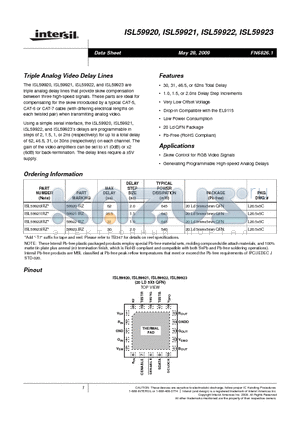 ISL59923IRZ datasheet - Triple Analog Video Delay Lines