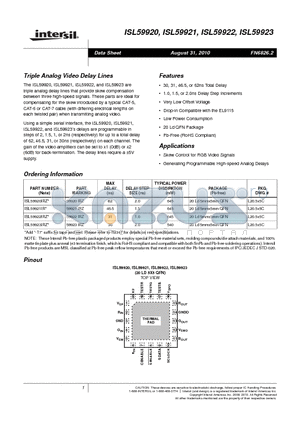 ISL59920IRZ datasheet - Triple Analog Video Delay Lines