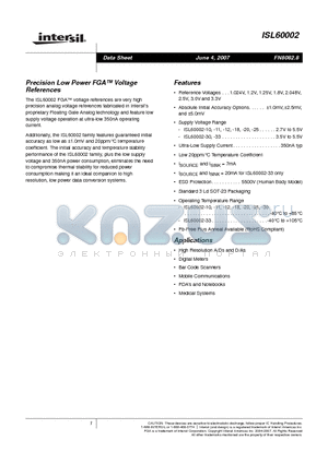 ISL60002 datasheet - Precision Low Power FGA Voltage References