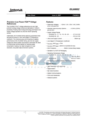 ISL60002BIH311Z-TK datasheet - Precision Low Power FGA Voltage References