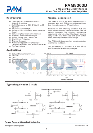 PAM8303DASC datasheet - Ultra Low EMI, 3W Filterless Mono Class-D Audio Power Amplifier