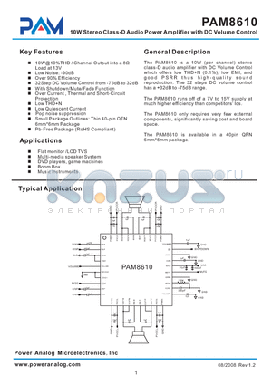 PAM8610TR datasheet - 10W Stereo Class-D Audio Power Amplifier with DC Volume Control